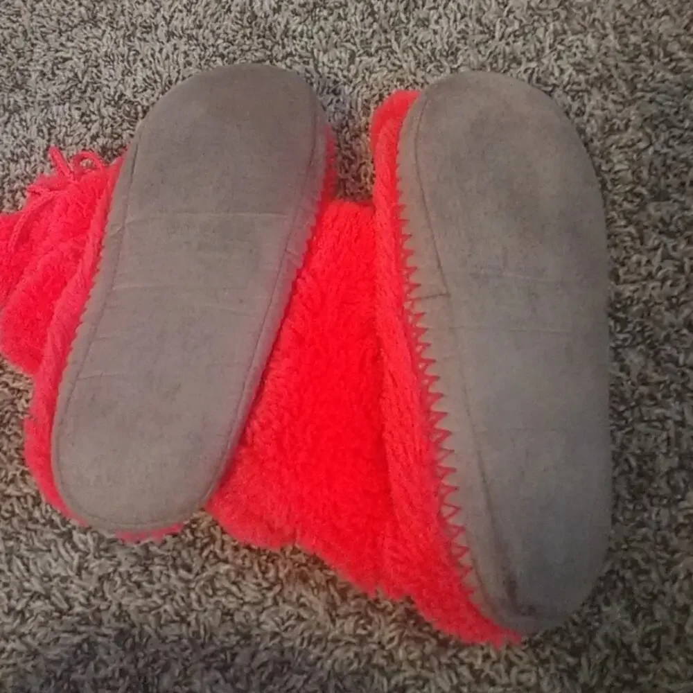 Girls Size 5/6 Bright Neon Fuzzy Slipper Boots Pom Pom House Shoes